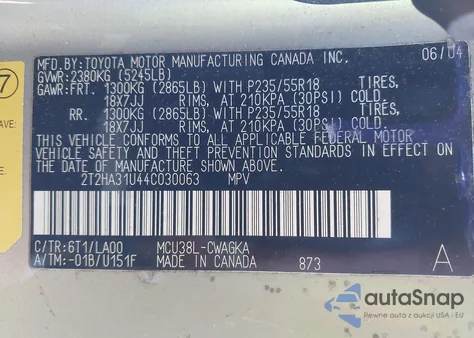 2004 Lexus Rx 330 from USA, damaged, VIN 2T2HA31U44C030063